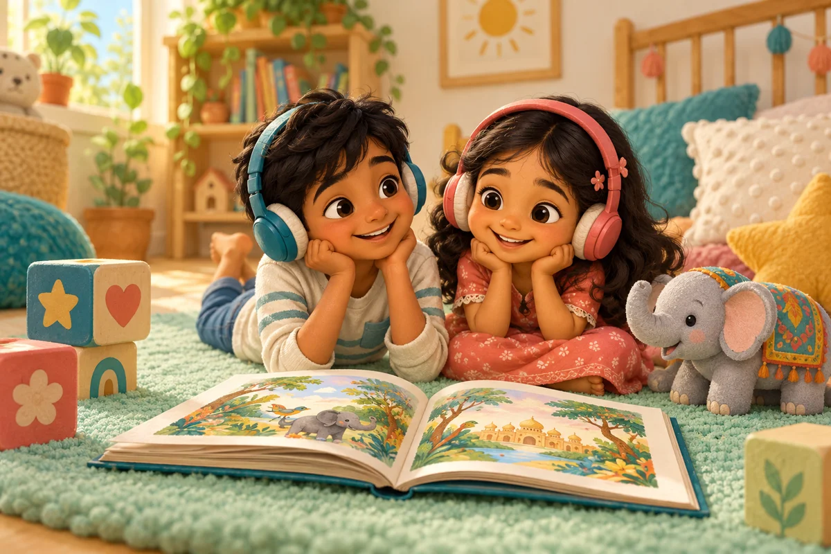 Two children enjoying a story together with headphones