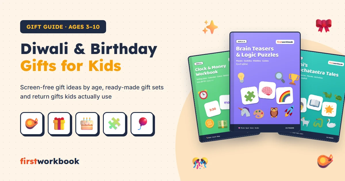 Diwali and birthday gift ideas for kids with puzzle, money and story workbooks