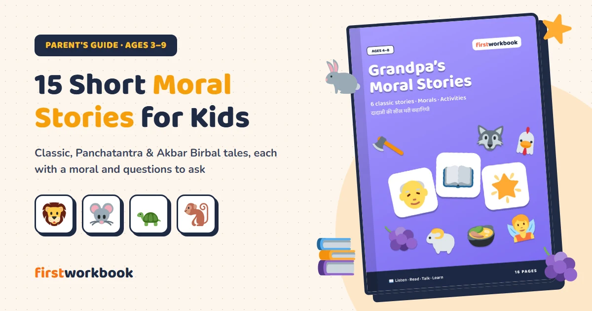 Illustrated cover for 15 short moral stories for kids with lion, mouse, tortoise and monkey icons and a moral stories book