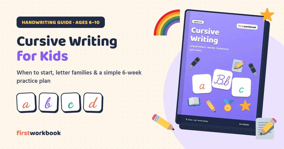 Cursive writing practice book for kids with joined letters on four-line ruling