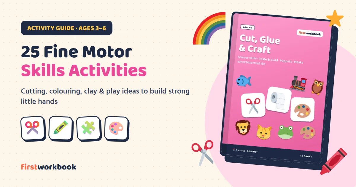 Cut, glue and craft activity book with scissors and crayons for building fine motor skills