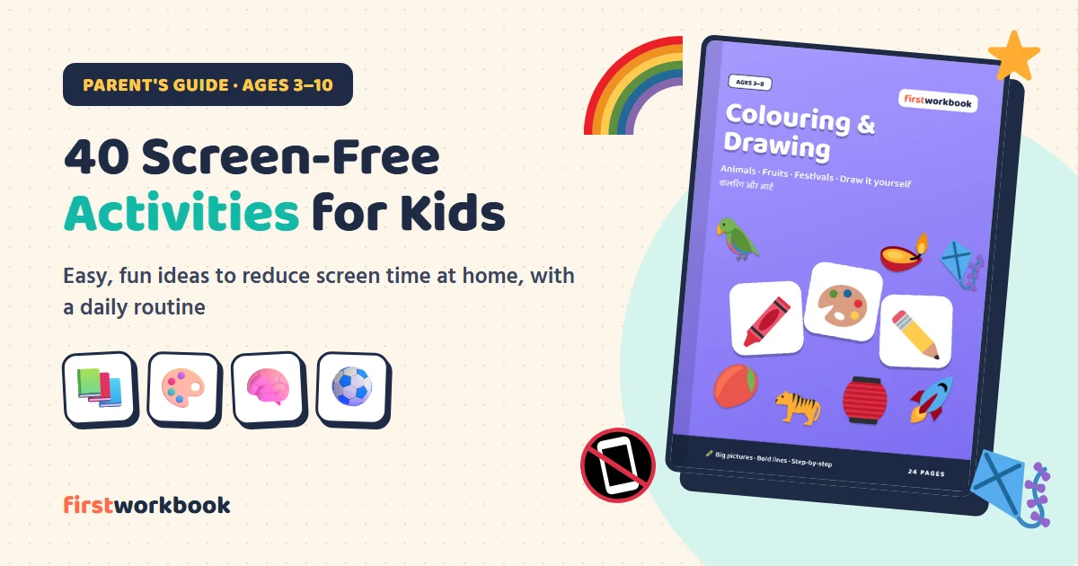 Colouring and drawing book with art, reading and play activity icons for screen-free time