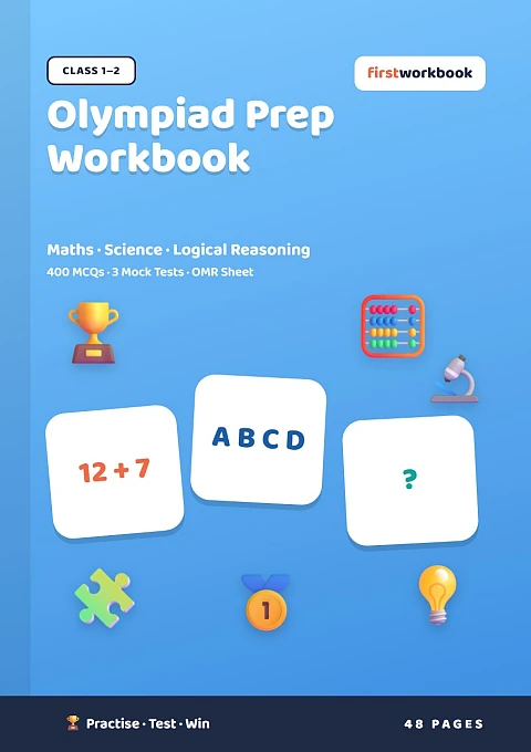 Olympiad Prep Workbook Maths Science and Reasoning book cover for Class 1 and 2