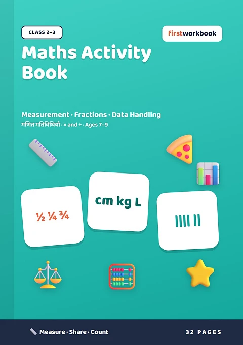 Maths Activity Book cover – measurement, fractions and data handling for Class 2 and 3