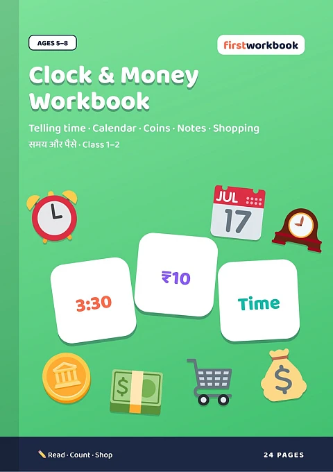 Clock & Money Workbook book cover for ages 5–8, Class 1–2