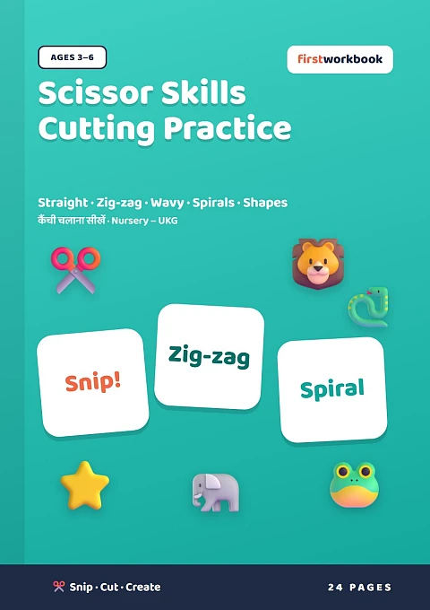 Scissor Skills Cutting Practice book cover for ages 3–6, Nursery to UKG