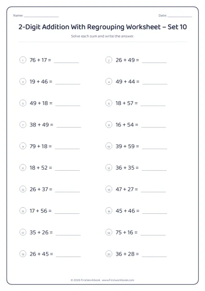 2-Digit Addition With Regrouping practice worksheet with 20 sums and writing lines
