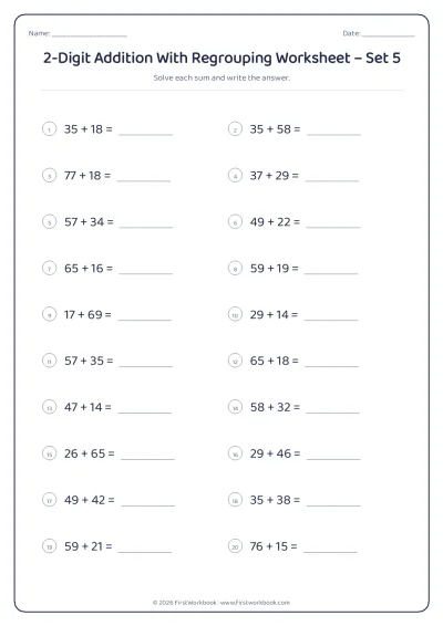 2-Digit Addition With Regrouping practice worksheet with 20 sums and writing lines