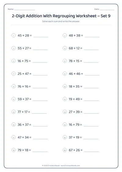 2-Digit Addition With Regrouping practice worksheet with 20 sums and writing lines