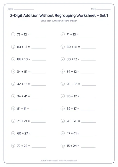 2-Digit Addition Without Regrouping practice worksheet with 20 sums and writing lines