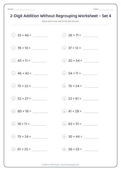 2-Digit Addition Without Regrouping practice worksheet with 20 sums and writing lines