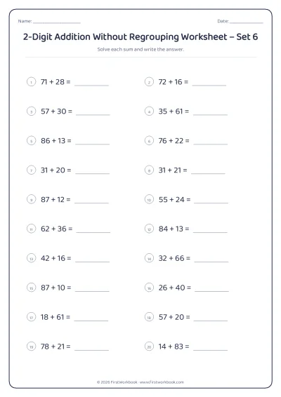 2-Digit Addition Without Regrouping practice worksheet with 20 sums and writing lines