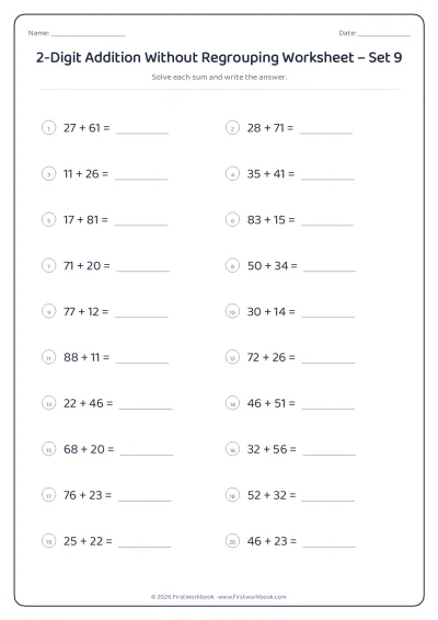 2-Digit Addition Without Regrouping practice worksheet with 20 sums and writing lines