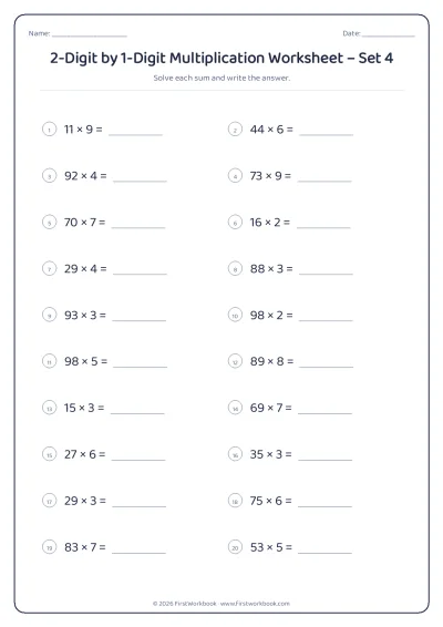 2-Digit by 1-Digit Multiplication practice worksheet with 20 sums and writing lines