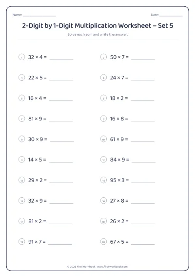 2-Digit by 1-Digit Multiplication practice worksheet with 20 sums and writing lines