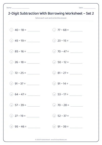 2-Digit Subtraction With Borrowing practice worksheet with 20 sums and writing lines