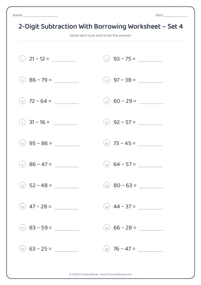 2-Digit Subtraction With Borrowing practice worksheet with 20 sums and writing lines