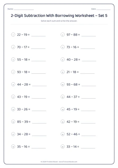 2-Digit Subtraction With Borrowing practice worksheet with 20 sums and writing lines