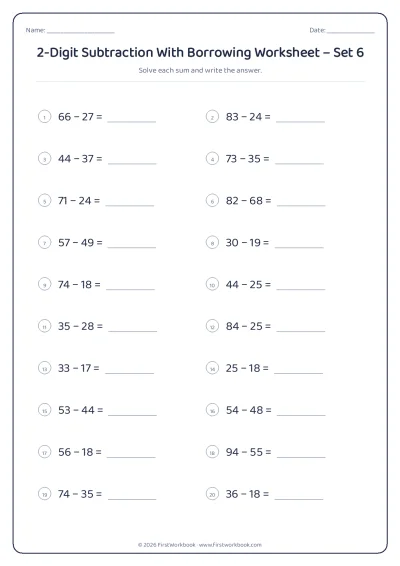 2-Digit Subtraction With Borrowing practice worksheet with 20 sums and writing lines