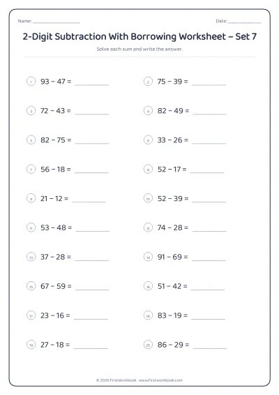 2-Digit Subtraction With Borrowing practice worksheet with 20 sums and writing lines