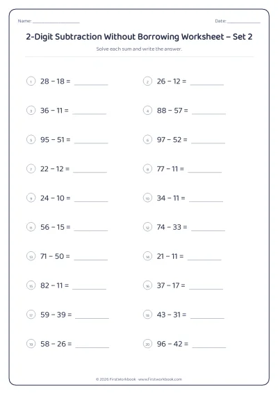 2-Digit Subtraction Without Borrowing practice worksheet with 20 sums and writing lines