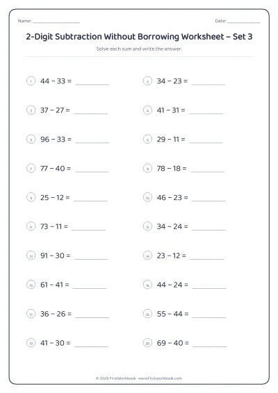 2-Digit Subtraction Without Borrowing practice worksheet with 20 sums and writing lines