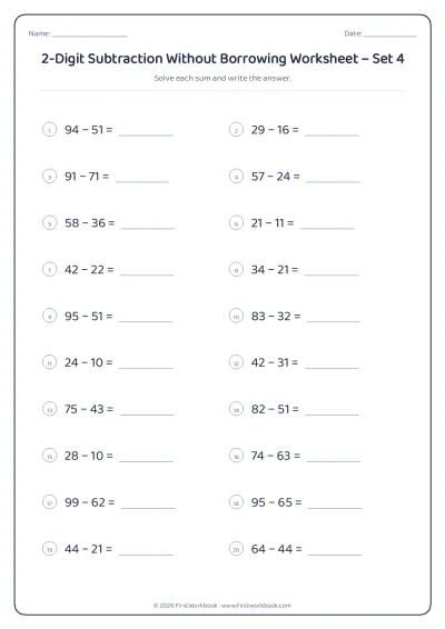 2-Digit Subtraction Without Borrowing practice worksheet with 20 sums and writing lines