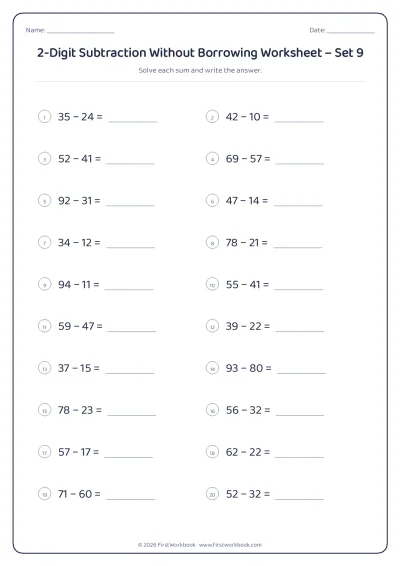 2-Digit Subtraction Without Borrowing practice worksheet with 20 sums and writing lines