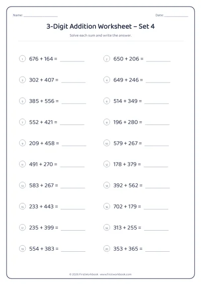 3-Digit Addition practice worksheet with 20 sums and writing lines