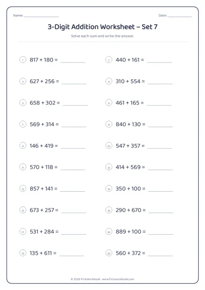 3-Digit Addition practice worksheet with 20 sums and writing lines