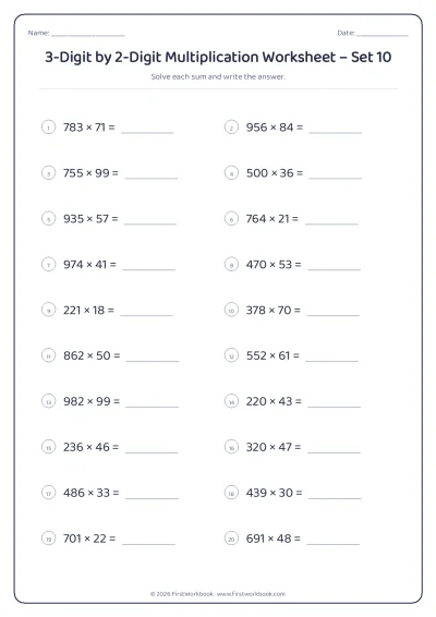 3-Digit by 2-Digit Multiplication practice worksheet with 20 sums and writing lines