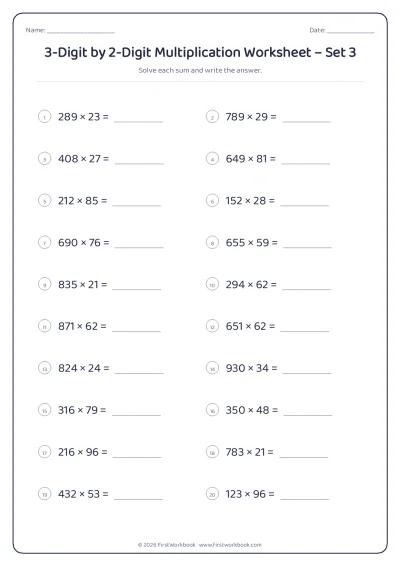 3-Digit by 2-Digit Multiplication practice worksheet with 20 sums and writing lines