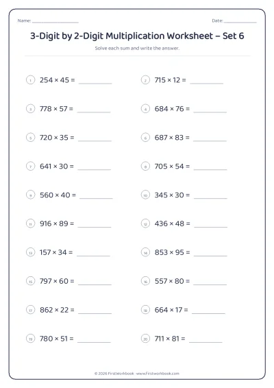 3-Digit by 2-Digit Multiplication practice worksheet with 20 sums and writing lines
