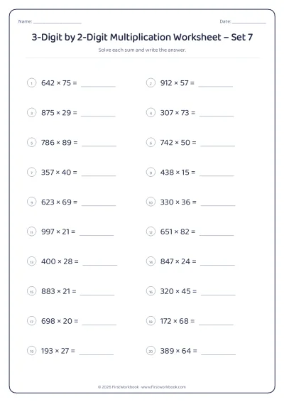3-Digit by 2-Digit Multiplication practice worksheet with 20 sums and writing lines