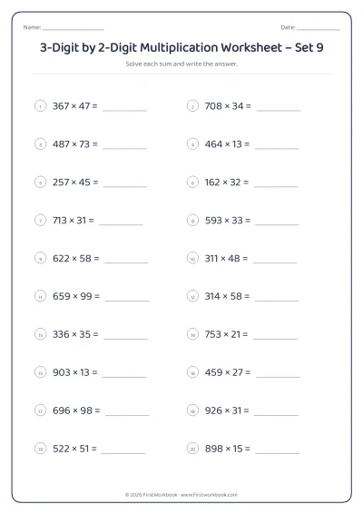 3-Digit by 2-Digit Multiplication practice worksheet with 20 sums and writing lines