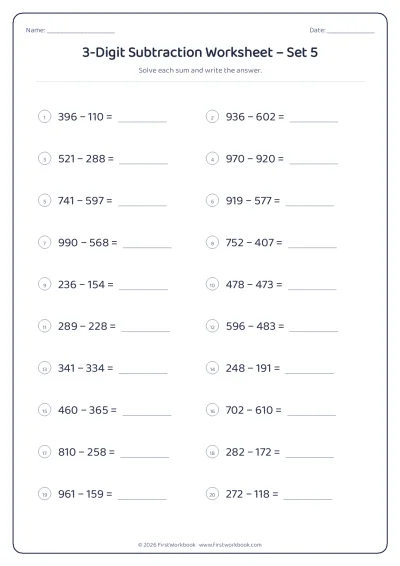 3-Digit Subtraction practice worksheet with 20 sums and writing lines