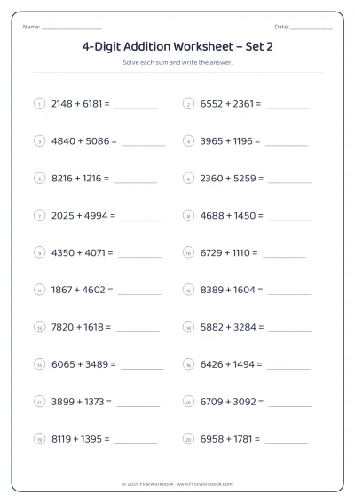 4-Digit Addition practice worksheet with 20 sums and writing lines