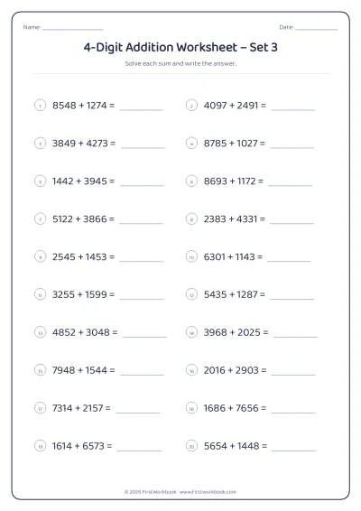 4-Digit Addition practice worksheet with 20 sums and writing lines