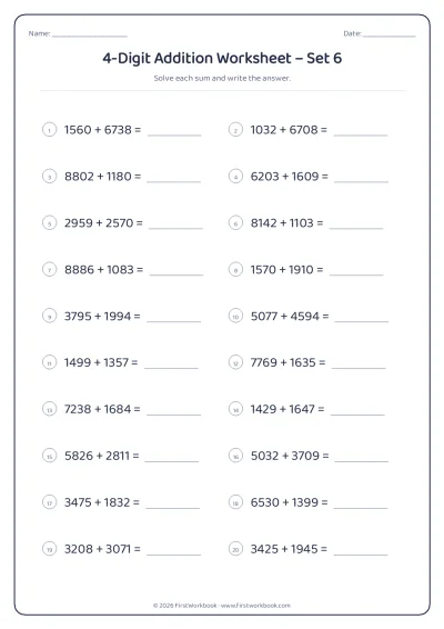 4-Digit Addition practice worksheet with 20 sums and writing lines
