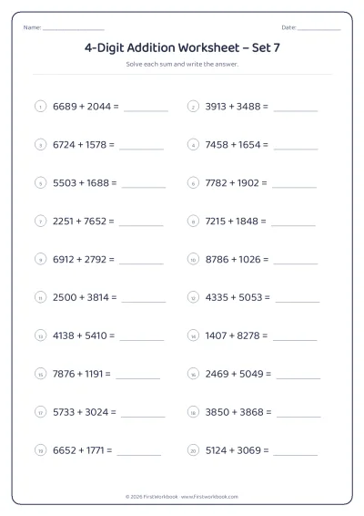 4-Digit Addition practice worksheet with 20 sums and writing lines