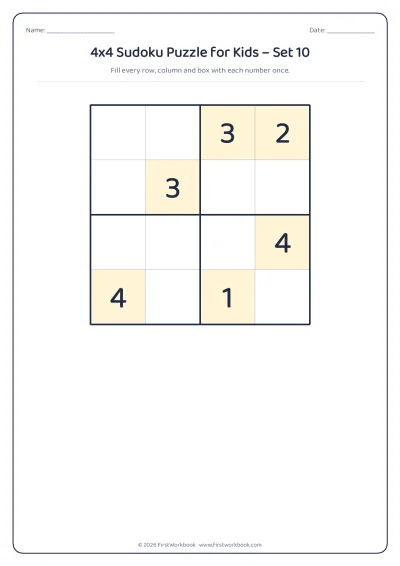 4x4 sudoku puzzle worksheet for kids