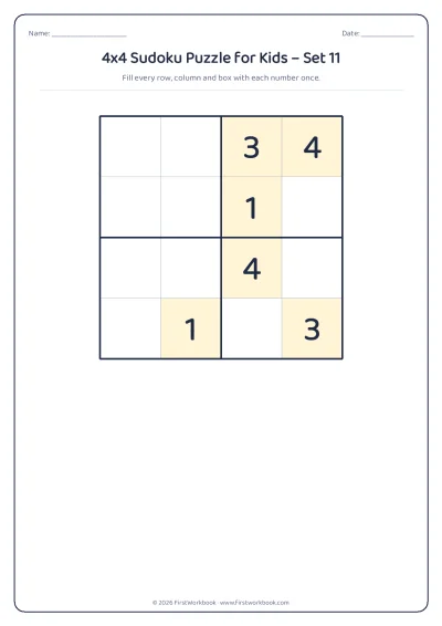 4x4 sudoku puzzle worksheet for kids