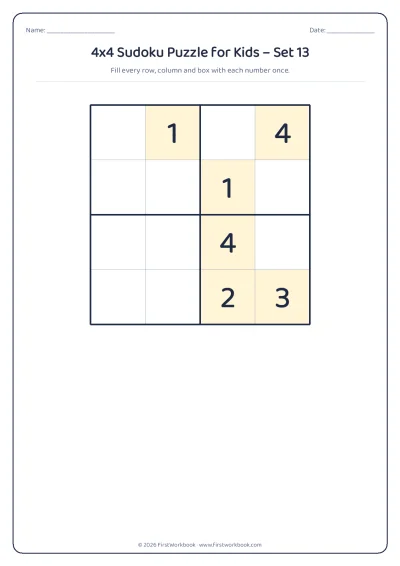 4x4 sudoku puzzle worksheet for kids