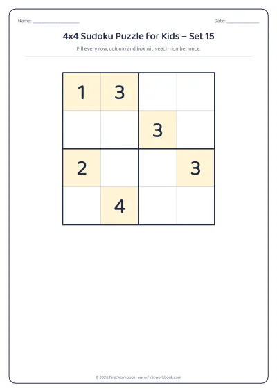 4x4 sudoku puzzle worksheet for kids