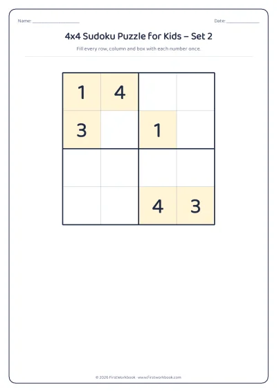 4x4 sudoku puzzle worksheet for kids