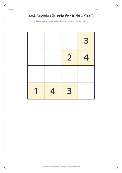 4x4 sudoku puzzle worksheet for kids