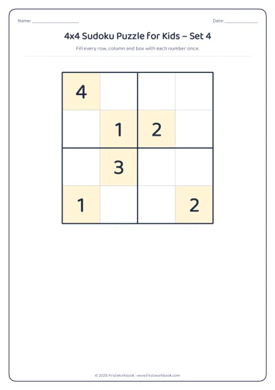 4x4 sudoku puzzle worksheet for kids
