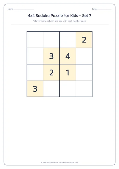 4x4 sudoku puzzle worksheet for kids