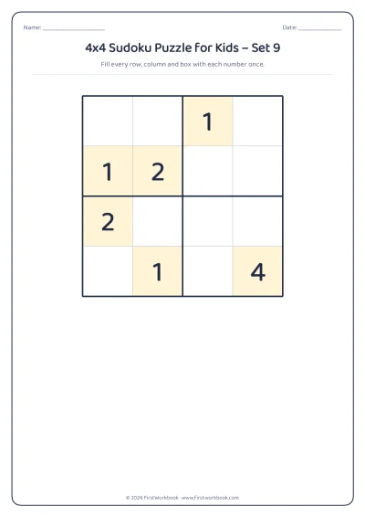 4x4 sudoku puzzle worksheet for kids