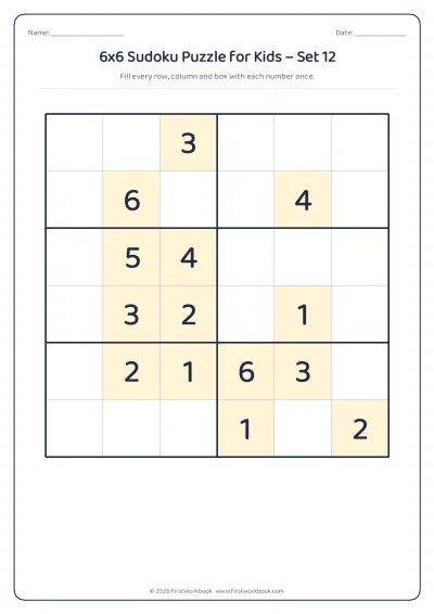 6x6 sudoku puzzle worksheet for kids